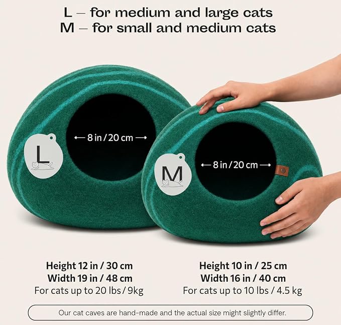 Cat Cave – Premium Felt Cat Bed Enclosure for Indoor Cats, Handmade Merino Wool (Emerald, Medium)