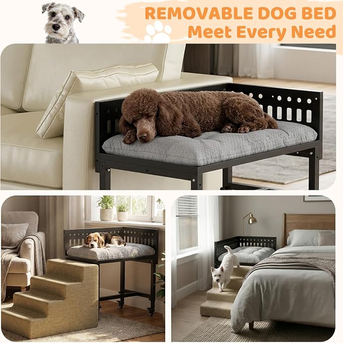 Beside Dog Bed,2 Panels Adjustable Height Dog Bunk Beds,26.8”x18.1” Metal Frame & Cushion, Converts to Bunk Bed or Bed Extension Attachment for Human Bed, for Small Dogs