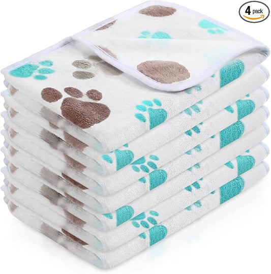 Tatuo 4 Pack Fleece Dog Blankets for Puppy Cats Multi-Size Sleep Mat for Pet Guinea Pig Soft Washable Warm Crate Bed Puppy Teething Toys Print Pattern Blanket Indoor(Milky White,24 x 16 Inch,Paw)
