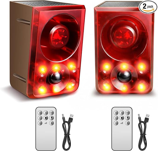 Solar Outdoor Motion Sensor Alarm, Dog Barking&Gunshot Sound,130db Loud Noise Maker,Support Recording,13 Kinds of Sound and Strobe Light to Deter Raccoons, Deer, Skunks, Bears, and Coyotes (2 Pack)