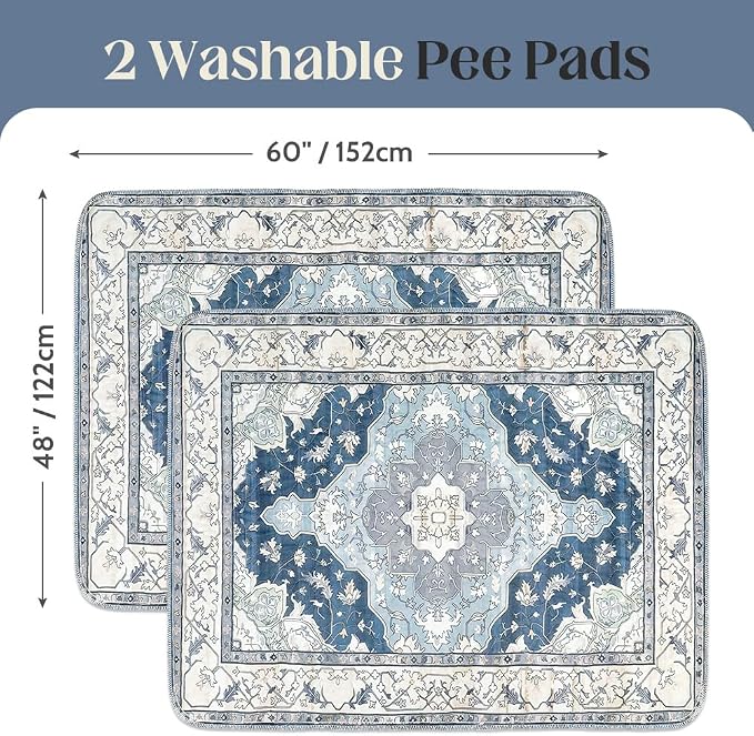 Washable Pee Pads for Dogs, 2 Pack Reusable Puppy Training Pads 60"x48" Super Absorbent Waterproof Dog Training Pads, Non-Slip Potty Pads, Whelping Pads Litter Mat Navy & Ecru