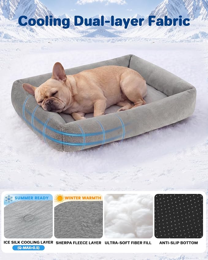 Cooling Dog Bed for Large Dogs - Removable Inner Cushion & Reversible Design (Ice‑Silk Cooling Layer | Sherpa Fleece Layer), Non‑Slip Bottom Washable Medium Mat for Crates, Beds, Sofas 24" × 15"
