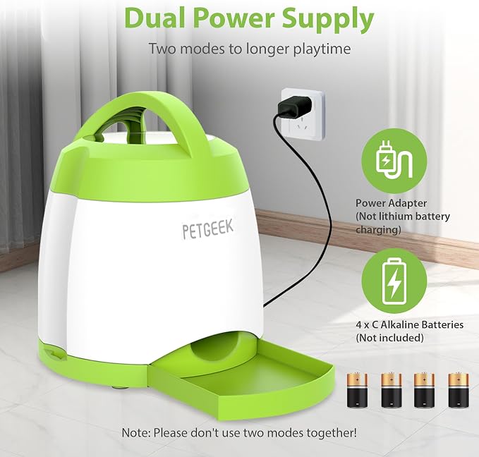PETGEEK Dog Food Dispenser Toy, Interactive Pet Toys Treat Dispensing for IQ Training, Automatic Dog Treat Dispenser with Button Remote Push, Dual Power Supply for Indoor Outdoor Use, Green Color | Automatic Food Dispenser, Dual Power Supply, Remote Bu...