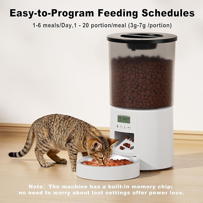 4.2L Automatic Cat Feeder,6 Meals/Day,Dual Power,Dry Pet Food Autofeeder Portion Control,Timer Setting,10S Voice Record (Transparent White, Stainless Steel Bowl)