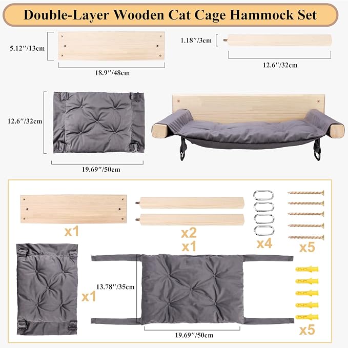 JSPYFITS Wooden Cat Furniture Wall Mounted, Double Layer Hammock, Large Size 18.9″ Removable Multi-Function Cat Bed for Sleep/Play/Climb, Kitten Window Perch, Easy DIY Installation(Grey)