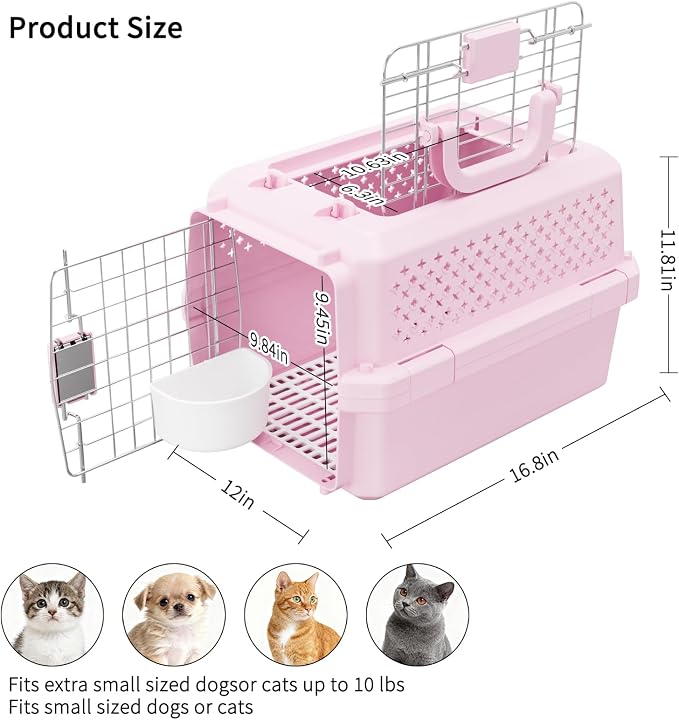 RIZZARI XS Pet Carrier for Small Cats & Dogs, Hard-Sided Travel Crate | Fits Pets Up to 10 lbs,Compact Travel Size,Secure Locking Door,Fresh Air Ventilation,Includes Food Bowl,Great for Vet Visits