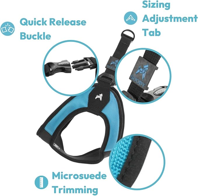 Gooby Escape Free Easy Fit Dog Harness, Step-in, Blue, Small | Patented escape-free frame; Contracts if they back out; Step-in easy on/off; Machine washable; Light POM leash ring