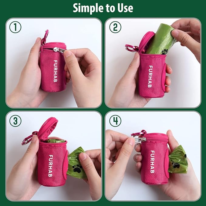 FURHAB Dog Poop Bag Holder for Leash Doggie Waste Bag Dispenser Soft Fabric Puppy Potty Carrier Small Doggy Zipper Pouch with Carabiner Clip 1680D Nylon Oxford with 1 Roll of Pet Trash Bags, Rose Red