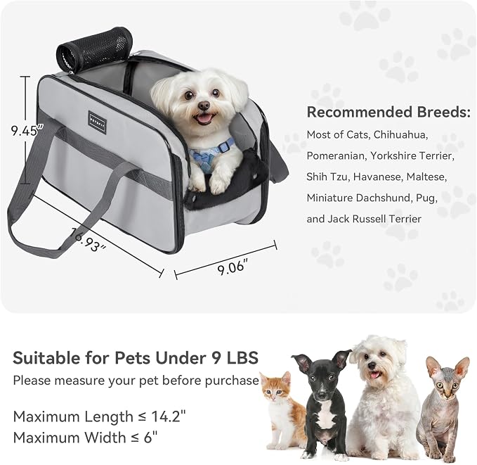 PETSFIT Multipurpose Console Dog Car Seat, Portable Small Dog Car Seat for Dogs, Cat Carrier, Pet Carrier Airline Approved with Safety Tether and Pockets (Light Grey)