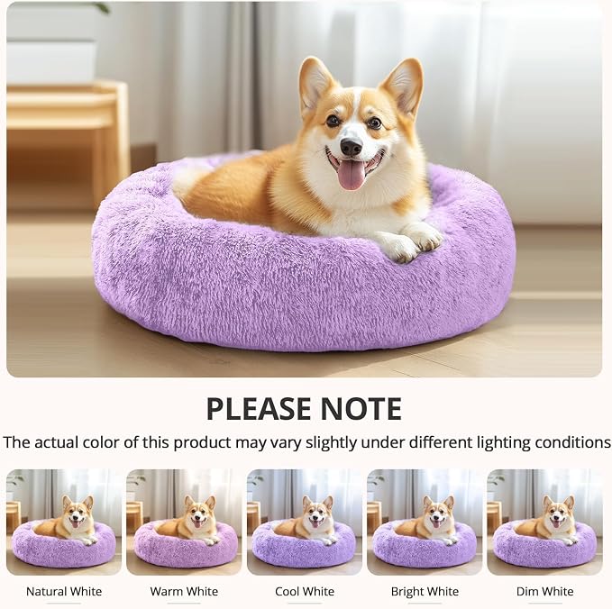 JOLLYVOGUE Calming Dog Bed Medium Size Dog, 31in Donut Washable Medium Pet Bed, Anti-Slip & Anti-Anxiety Fluffy Faux Fur Round Dogs Bed, Fits up to 45 lbs Pets (Purple)