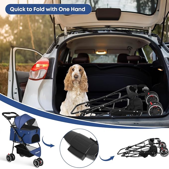 Pet Stroller,Dog Stroller for Small Medium Dogs Cats,3 Wheels,Navy Blue | Foldable,with Breathable Mesh Canopy,Cup Holders,Easy Assembly