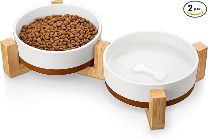 MALACASA Ceramic Dog Bowls Small Size Dog with Wood Stand, 1.5-Cup Ceramic Puppy Bowls for Cats & Small Dogs, Dual Food and Water Bowls with Weighted Non-Slip Base, Glaze Matte,14 Oz