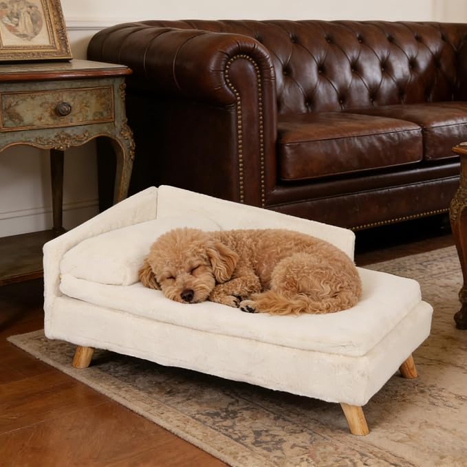 Elevated Cat Couch Sofa: Wooden Cat Bed Dog Chair with Bolster Cushion for Small Dogs Cute Pet Chaise Soft Cushion Fluffy Washable for Puppy
