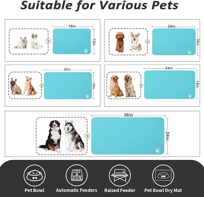 HotLive Dog Food Mat - Absorbent Cat Mat for Food and Water, No Stains Pet Feeding Bowl Mat, Easy to Clean Pet Placemats, Quick Dry Dog Water Dispenser Mat for Messy Drinkers | Paw Teal 18"x34"