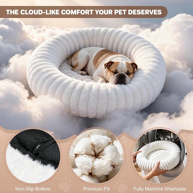 Donut Dog Bed for Small & Medium Dogs, Pet Bed with Non-Slip Bottom, Winter Comfort Dog Beds for Puppies, Washable & Portable Egg Tart Shape (M) Medium Dog Bed self Warming