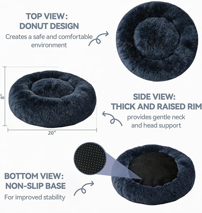 Cat Beds for Indoor Cats, Washable 20" Donut Pet Bed for Small Dogs | Fluffy pet bed with cozy plush comfort and supportive raised sides, perfect for lounging, napping and relaxing indoors.