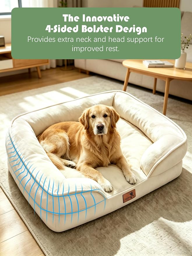 Spotted Play Orthopedic Dog Bed with Sides - Sofa Beds for Extra Large Dogs, Supportive Foam Pet Couch Bed with Washable Removable Cover, Waterproof Lining and Non-Slip Bottom, Ivory - XL