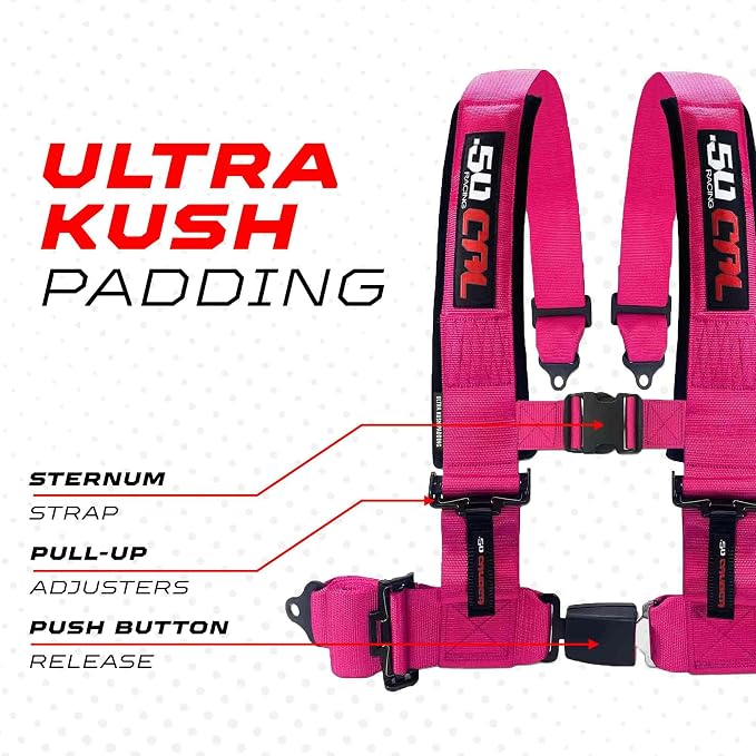 1pc 50 Cal Pink 4 Point Harness 3in Straps, Racing Harness Seat Belt | Ultra Kush padding, Push Button quick release hardware. Universal Fit for UTV, RZR, race car.