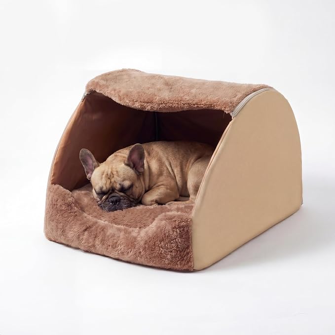 LATIBELL Indoor Puppy House Foldable Pet Tent Cave Bed ，Brown | Covered Cave Bed, For Small Dogs and Cats, Removable Washable Puppy Kennel, Soft Cushion