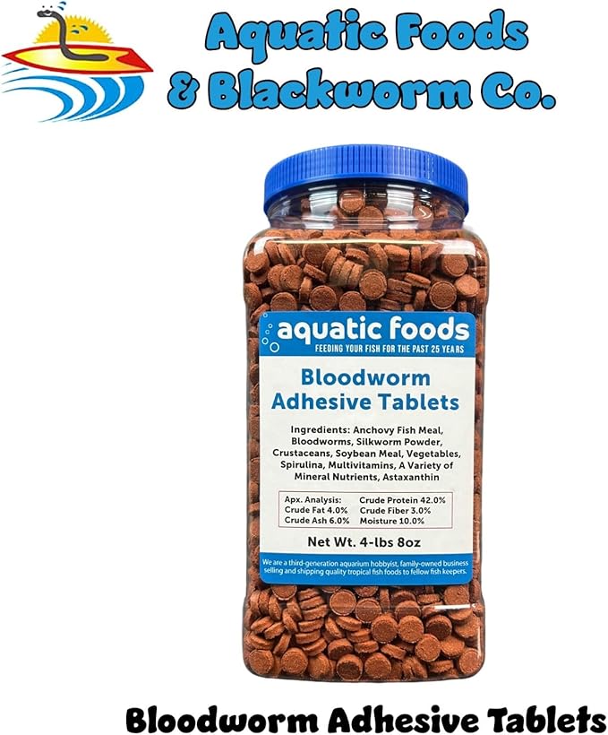 Aquatic Foods Inc. Bloodworm Glass Sticking 42% Protein Tablets for Angels, Tetras, Guppies, Cichlids, All Community Tropical Fish...4-lbs 8oz Jar