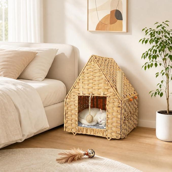 Handwoven Rattan Cat Bed for Indoor Kitten, Cat Cave Bed with Sisal Ball, Cushion & Cat Scratch Post, Foldable Hideaway Cat Hut in Bedroom Living Room, Natural