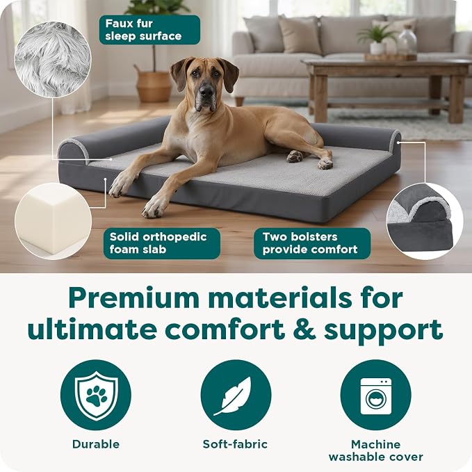 Furhaven Orthopedic Dog Bed for Large Dogs w/ Removable Bolsters & Washable Cover, For Dogs Up to 125 lbs - Plush & Velvet L Shaped Chaise - Sable Brown, Jumbo Plus/XXL