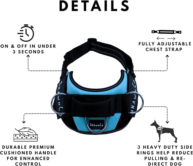ShawnCo Essential Pro Dog Harness, No-Pull Pet Vest with 3 Leash Clips and Removable, Reflective Side Patches, Adjustable and Padded Harness for Small, Medium and Large Dogs (Midnight, S)