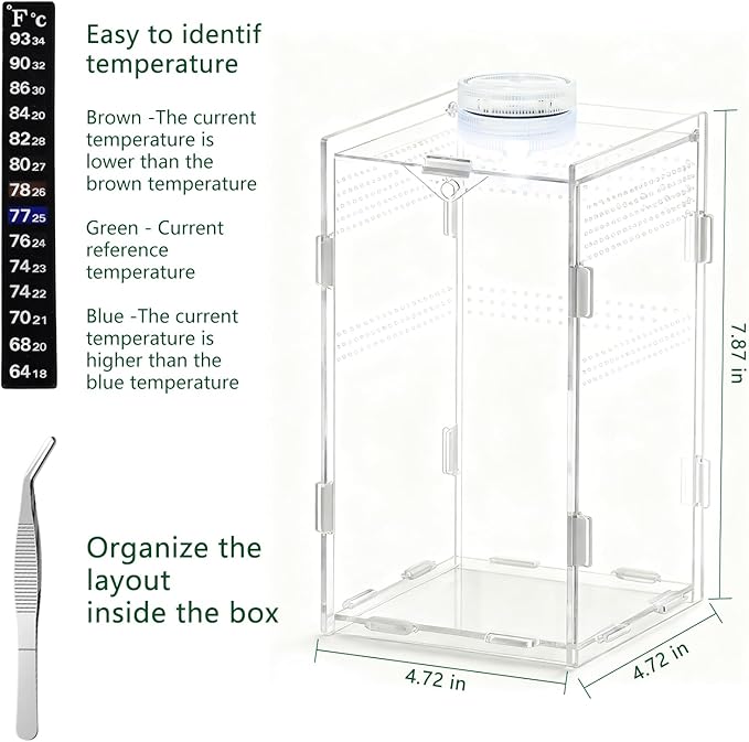 Acrylic Jumping Spider Enclosure, Small Reptile Insect Terrarium, Spider Tank with Magnetic Door & All-Side Vent, Pre-Assembled Habitat for Spiderling, Mantis, Tarantula, Snail 7.8" * 4.7" * 4.7