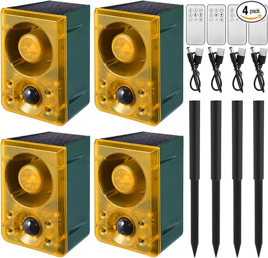 Qualirey Solar Outdoor Motion Sensor Alarm with Stake Gunshot Sound Dog Barking, 3 Modes Support Recording & Adjustable Volume USB Charging 129 dB Loud Noise Maker for Animal Deterrent (8 Pcs,Yellow)