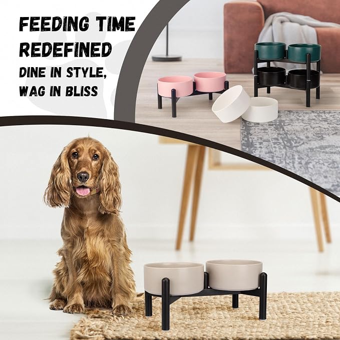 Raised Ceramic Dog Bowl Set with Stand, 3.5 Cups Elevated Dog Food Stand | 6.1'' Double Dog Food and Water Bowl Set, Non-Slip Dog Feeding Dishes for Small to Medium Breeds, 29.57 OZ, Grey