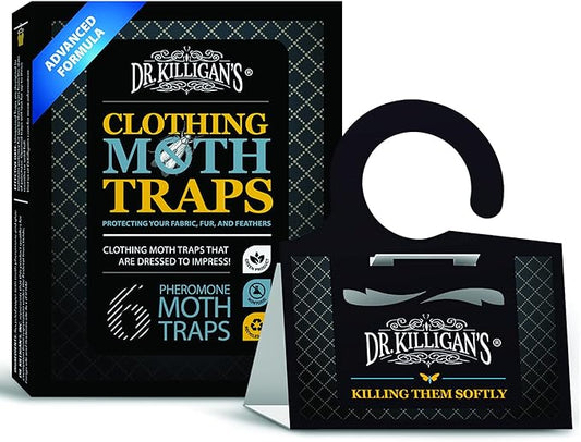 Dr. Killigan's Premium Double Potent Clothing Moth Traps with Pheromones Prime - Trap with Lure for Clothes Closets & Carpet - Case Making & Web Spinning Moth Prevention (20 Pack, Black)