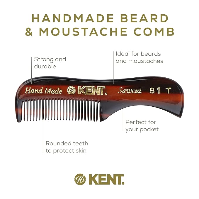 Kent Beard & Mustache Grooming Kit Includes BRD2 White Boar Bristle Beard Brush, 81T Handmade Sawcut Comb, and FOT Fine Tooth Beard Comb for Men’s Care