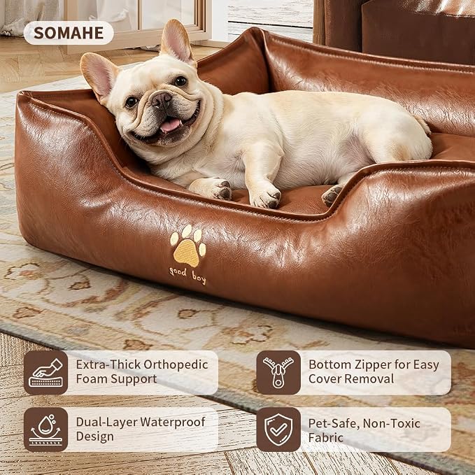 SOMAHE Waterproof Leather Dog Bed, Bolster Couch, 24x19x9 Brown | Wipe-Clean Waterproof Leather + Removable Cushion: raised bolsters create a cozy bed for small-medium dogs.