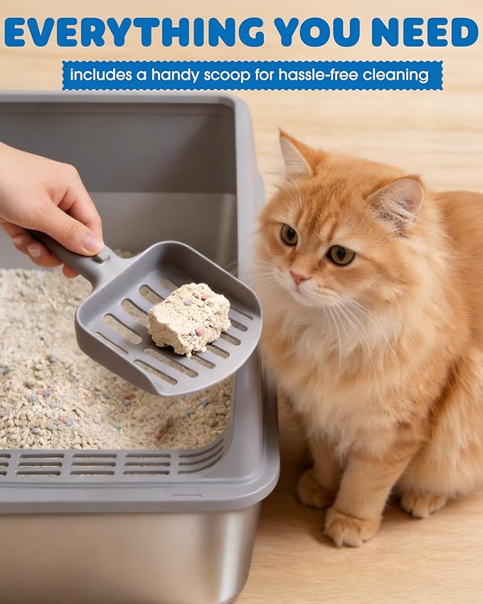 Powools Stainless Steel Cat Litter Box, Metal Litter Box with Scoop, High- Sided, Anti-Leakage Top Entry, Non-Sticky, Easy to Clean, Grey, M (2 Pack)