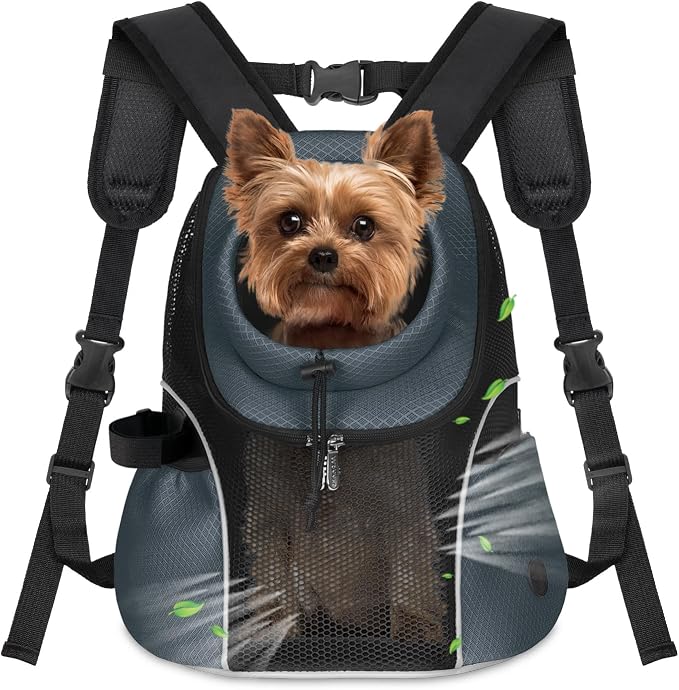 WOYYHO Pet Dog Carrier Backpack, Ventilated Mesh Small Dog Front Backpack | Breathable Puppy Back Pack, with Safety Belt, Storage Pockets, for Travel Hiking Cycling Outdoor Adventures, Dark Gray, S