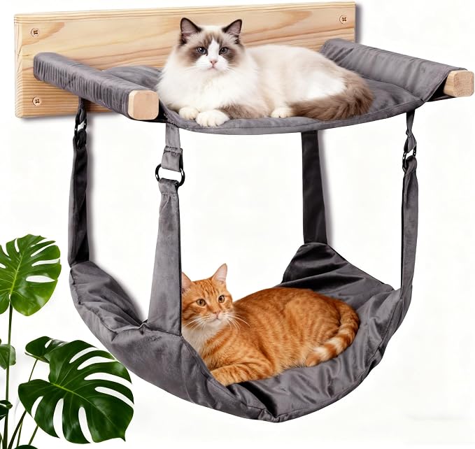 JSPYFITS Wooden Cat Furniture Wall Mounted, Double Layer Hammock, Large Size 18.9″ Removable Multi-Function Cat Bed for Sleep/Play/Climb, Kitten Window Perch, Easy DIY Installation(Grey)