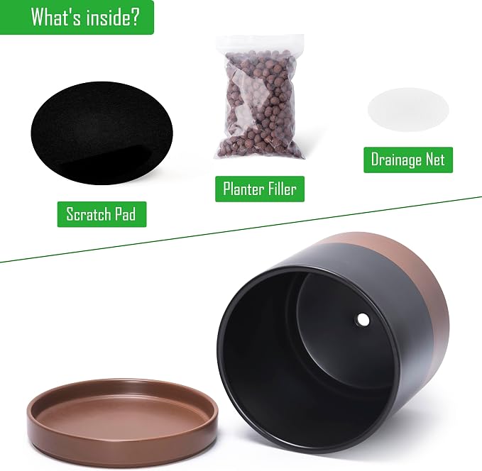 D'vine Dev 10 Inch Ceramic Planter Pot, Black/Tan, 94-O-E-7 | Modern Cylinder Design, Drainage Hole & Saucer Included, Stable Structure, Elegant Home Accent