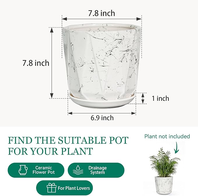 7.8 Inch Ceramic Plant Pot with Drainage Hole Mesh Net, Large Flower Pots for Indoor Plants with Saucer, Gardening Pots Outdoor