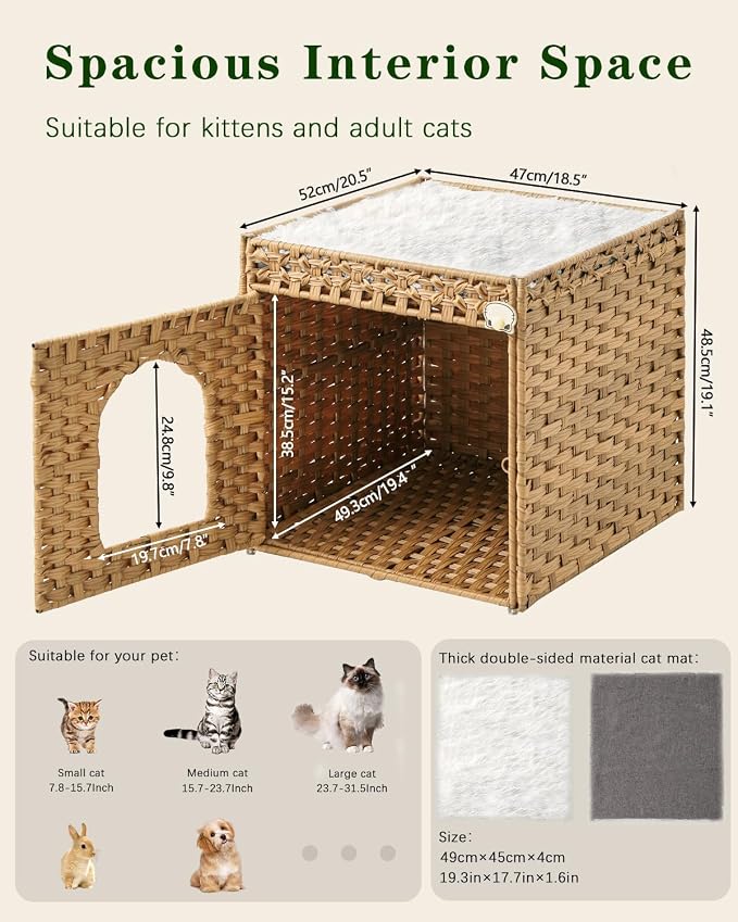 SETVSON Cat Beds for Indoor Cats Extra Large Double Cat Cave, Natural | Spacious Multi-Cat House, Furniture End Table Look, Soft Washable Cushion, Sturdy Metal Frame, 18.5x20.5x19.1 In Woven Cube