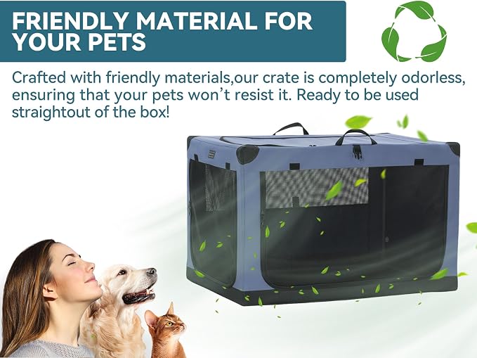 PETSFIT 36" Soft Portable Dog Crate – Patented Spiral Sturdy Frame, Collapsible Travel Kennel for Medium & Large Dogs, 3 Mesh Door, Lockable Zippers, Indoor & Car Use Blue