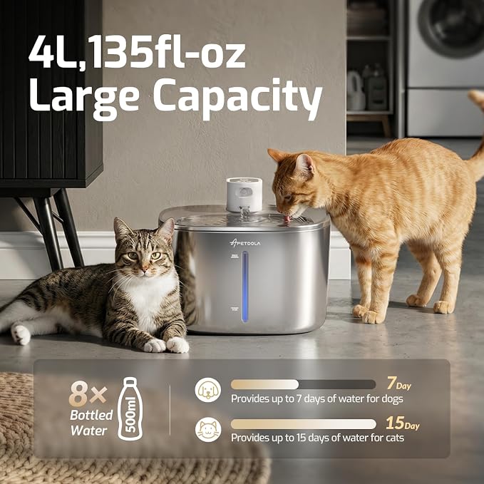 Cat Water Fountain Stainless Steel,152oz/4.5L Wireless Pet Fountain,Automatic Water Bowl for Cats Dogs with Motion Sensor,Quiet Filtered Pet Water Fountain w 5 Filters(Filters for 4 Months)