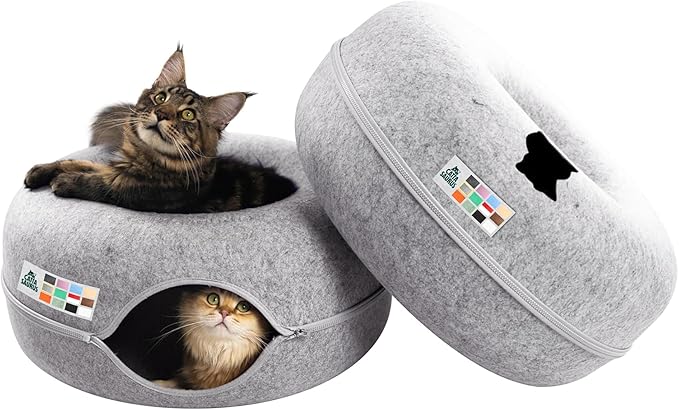 Peekaboo Cat Cave Donut for Multiple & Large Cats up to 30-45 lbs, 3-in-1 Self Warming Cat Bed, Tunnel & Scratcher for Indoor Cats, Washable & Detachable (Light Gray + Light Gray, Large)