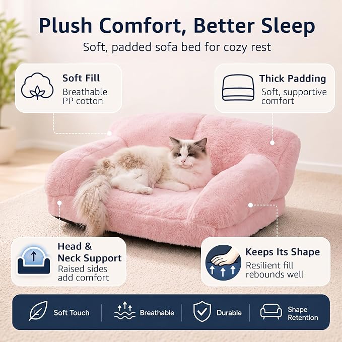 Cat Couch Bed with Removable Cover Washable Pink Small Dog Bed Soft Plush Pet Sofa for Indoor Cats Cute Princess Puppy Cushion, Non-Slip Bottom (Pink, 26x19x13 inch)
