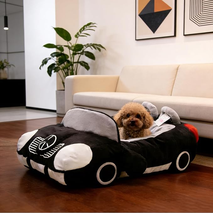 Sports Car Shaped Pet Dog Cat Bed, Fashionable Deluxe Cozy Cute Car Pet Bed Design, Soft Upholstered Plush Sofa, Durable Washable Anti-Slip Bottom Dog Beds (Contains Cushion) (Black)