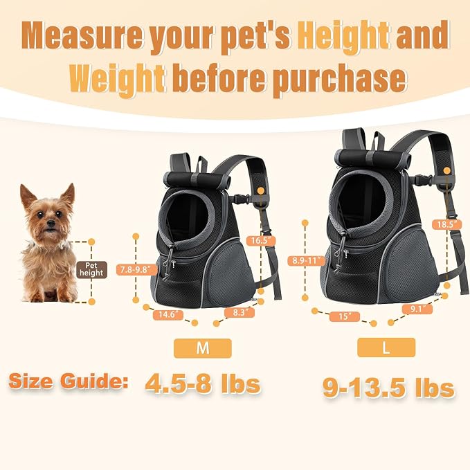YUDODO Dog Front Carrier Backpack, Top & Side Windows Dog Backpack | Sunshade Hood, Ventilated, Safety Belt, Breathable, Lightweight, Reflective Strip, Pocket Storage, Adjustable, Black Pro, L