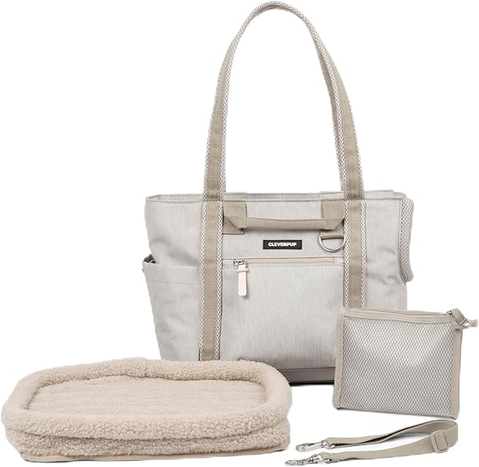 Transit Tote Dog Carrier for Small Dogs Under 8 lbs, 16x11x8 Soft-Sided 4-Pc Set with Waterproof Base, Plush Insert, Food Pouch, Mesh Head Opening - Small, Sand