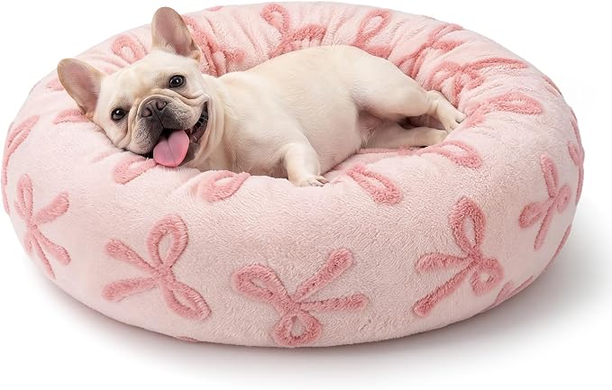 JOEJOY Jacquard Donut Round Small Dog Beds,Pink 23x23x8in, Removable Washable Cover, Cute Pattern, Ultra Soft Fluffy Calming Pet Bed with Thick Supportive Bolster