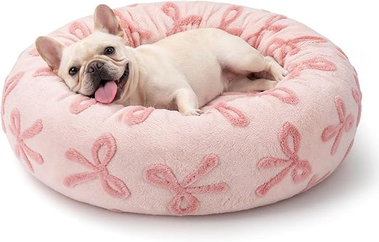 JOEJOY Jacquard Donut Round Small Dog Beds,Pink 23x23x8in, Removable Washable Cover, Cute Pattern, Ultra Soft Fluffy Calming Pet Bed with Thick Supportive Bolster