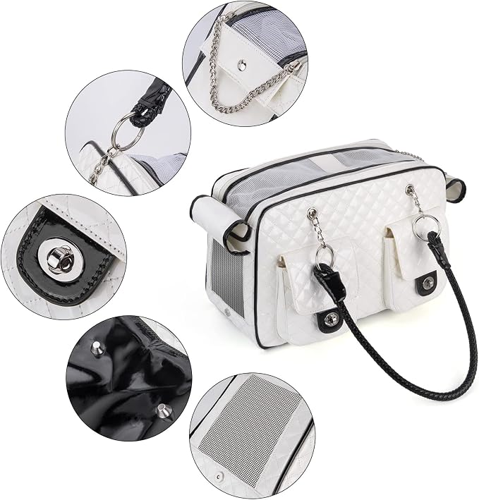 Pet Carrier Fashion Dog Carrier Purse Leather Tote Handbag Bag for Small Puppies Dogs Cat Small Animals Soft TSA Airline-Approved (White)
