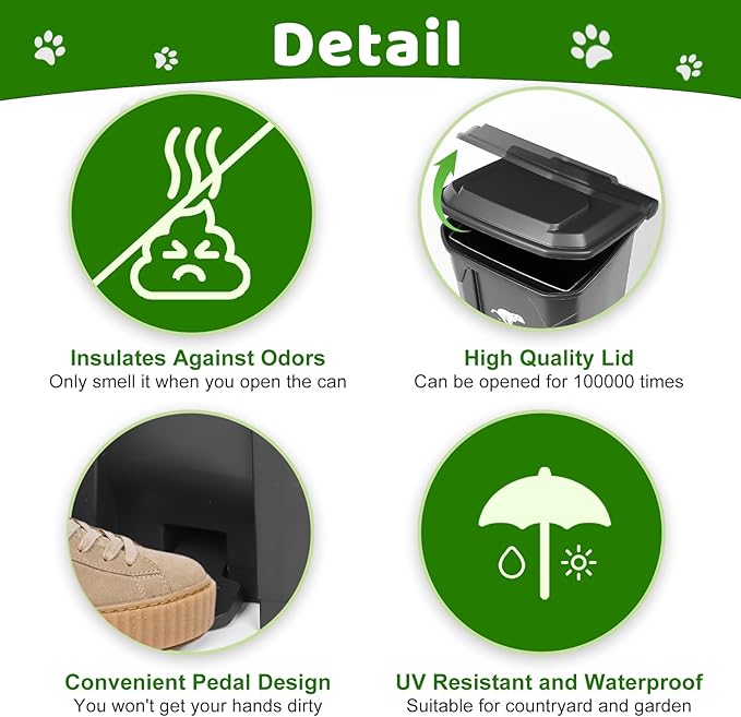 Dog Poop Trash Can Outside with Pooper Scooper and Metal Rake & Tray, 20L/5Gal Dog Waste Trash Can with Lid, Pedal and Removable Inner Waste Bin, Pet Poop Bin with 100 Bags